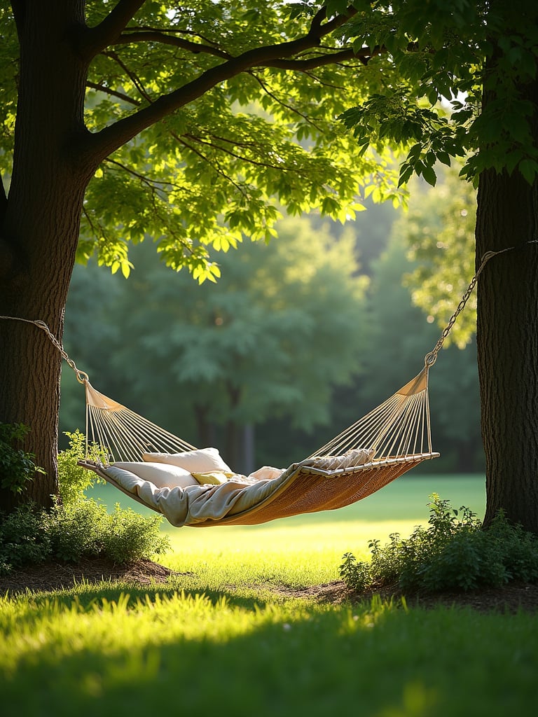 A hammock garden nook in a shady lawn area with a hammock strung between trees and surrounded by lush greenery.