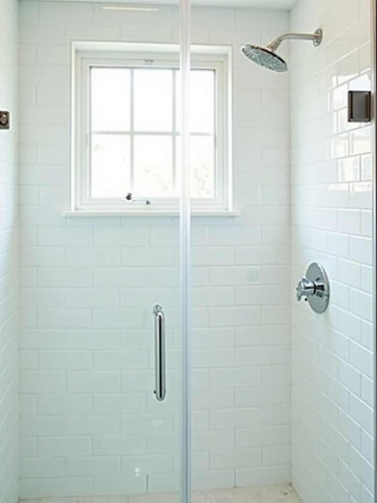 Modern bathroom shower with a frameless glass door, white subway tile, and chrome fixtures, showcasing a clean and bright shower space.