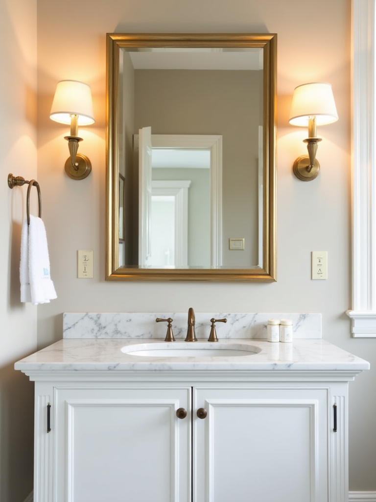 Bathroom vanity with a framed rectangular mirror in a brushed gold finish, flanked by sconces for elegant lighting.