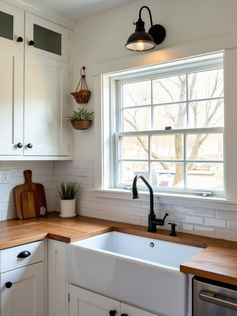 Classic farmhouse kitchen with rich brown wood butcher block countertops, white cabinets, and a farmhouse sink, filled with warm natural light.