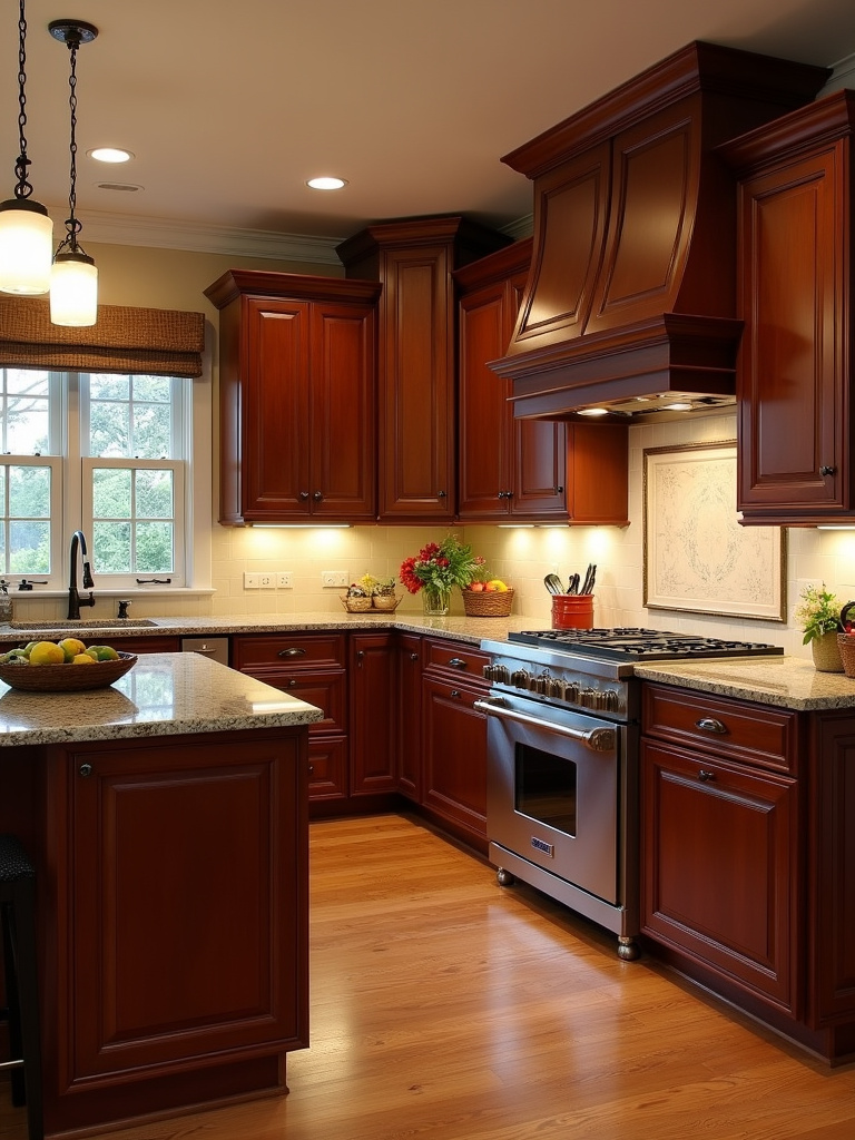 Traditional kitchen with dark cherry wood cabinets, illuminated by warm pendant lighting.