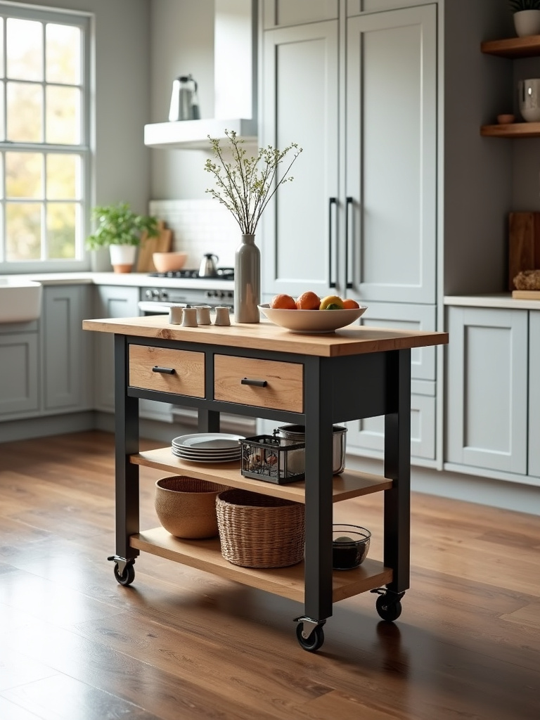 Versatile rolling kitchen island with butcher block top, wheels, and storage in a modern kitchen.