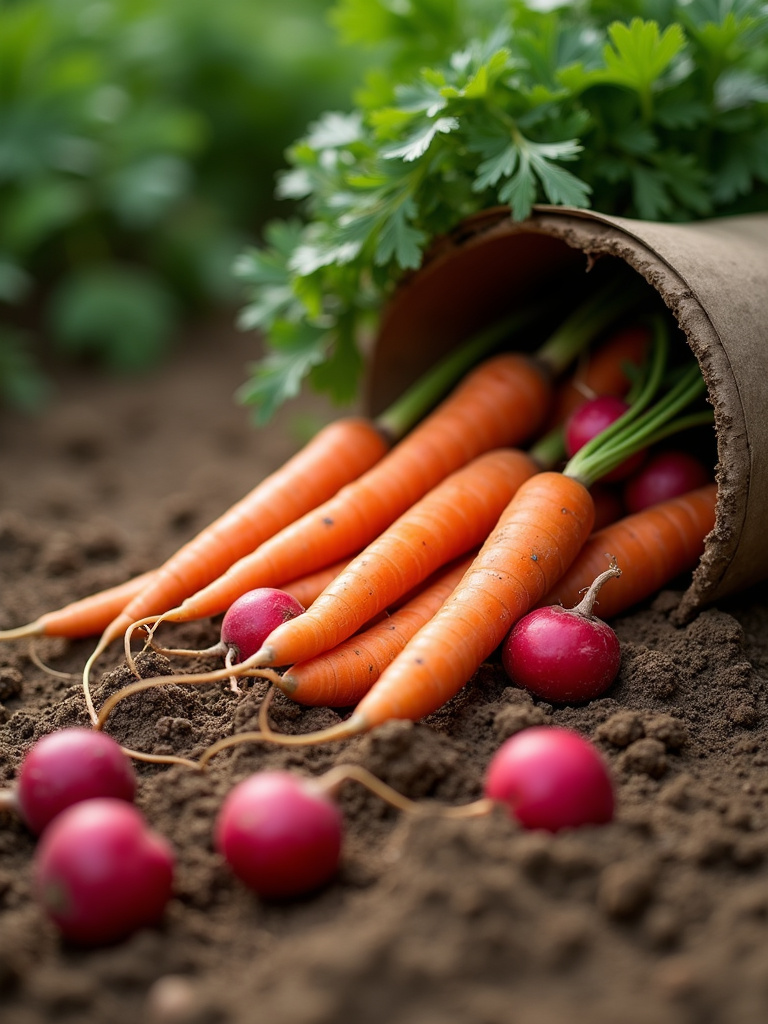 container-grown root vegetables showing proper depth and spacing for different varieties.