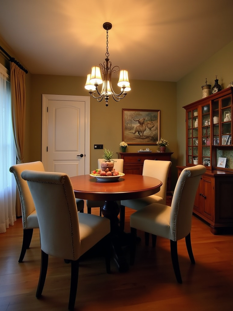 A cozy dining room featuring a round wooden table with comfortable upholstered chairs under warm chandelier lighting.