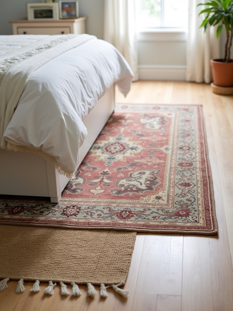 Layered rugs in a bedroom, featuring a jute base rug and a patterned Persian rug on top of light wood flooring.