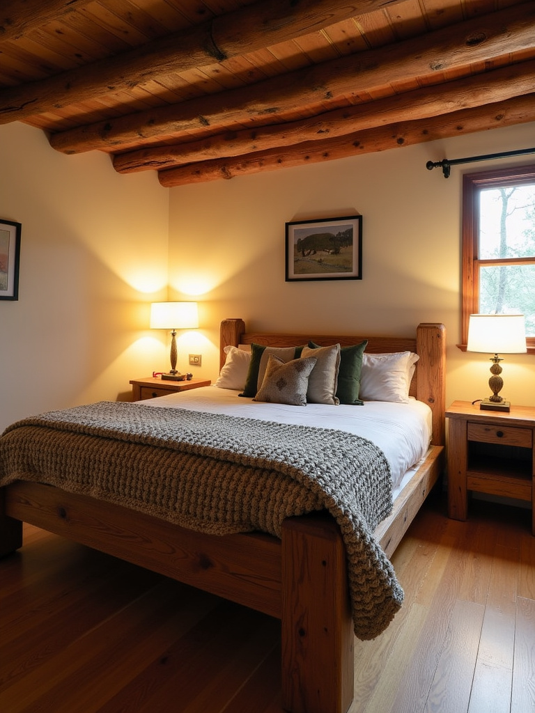 A rustic bedroom featuring natural wood furniture, cozy textures, exposed wood beams, and warm lamplight.