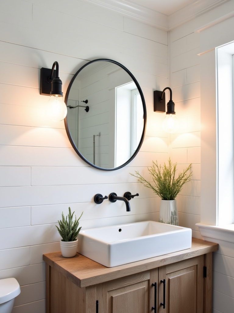 Farmhouse bathroom vanity featuring black metal barn light sconces flanking a round mirror, adding rustic charm and focused lighting.