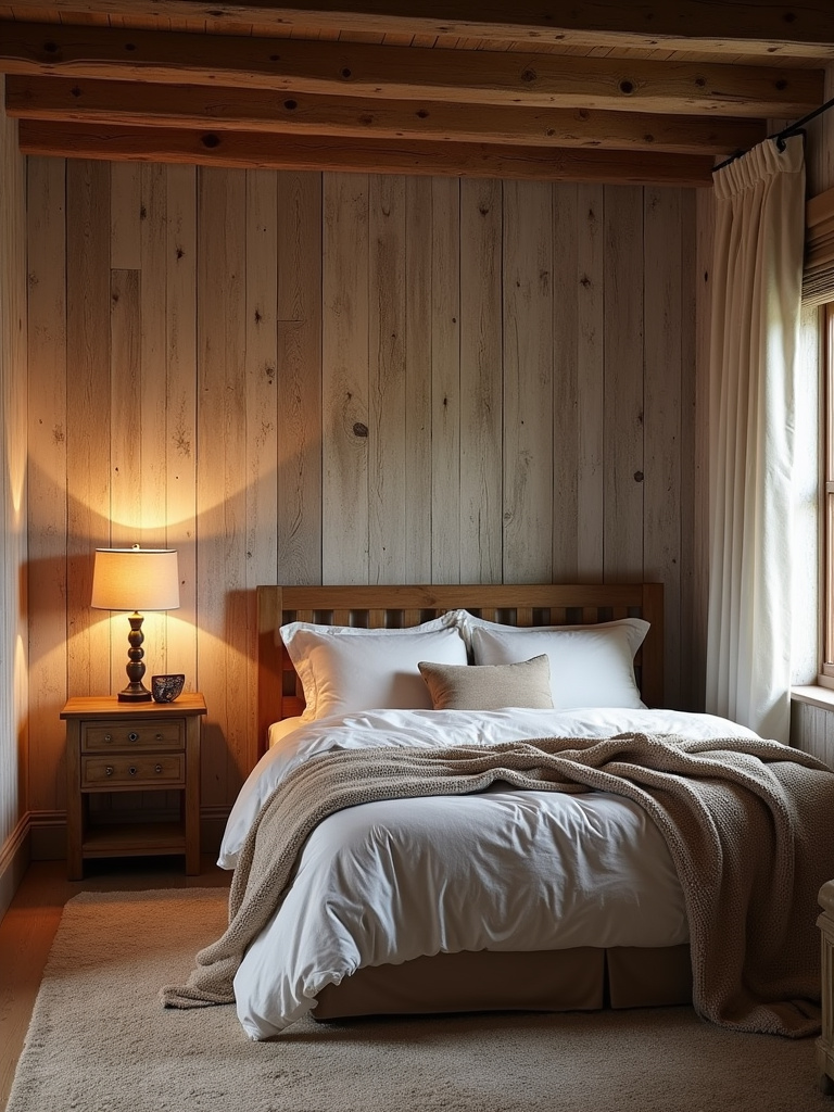 Rustic bedroom with realistic weathered wood plank effect wallpaper, wooden furniture, and cozy warm lighting.