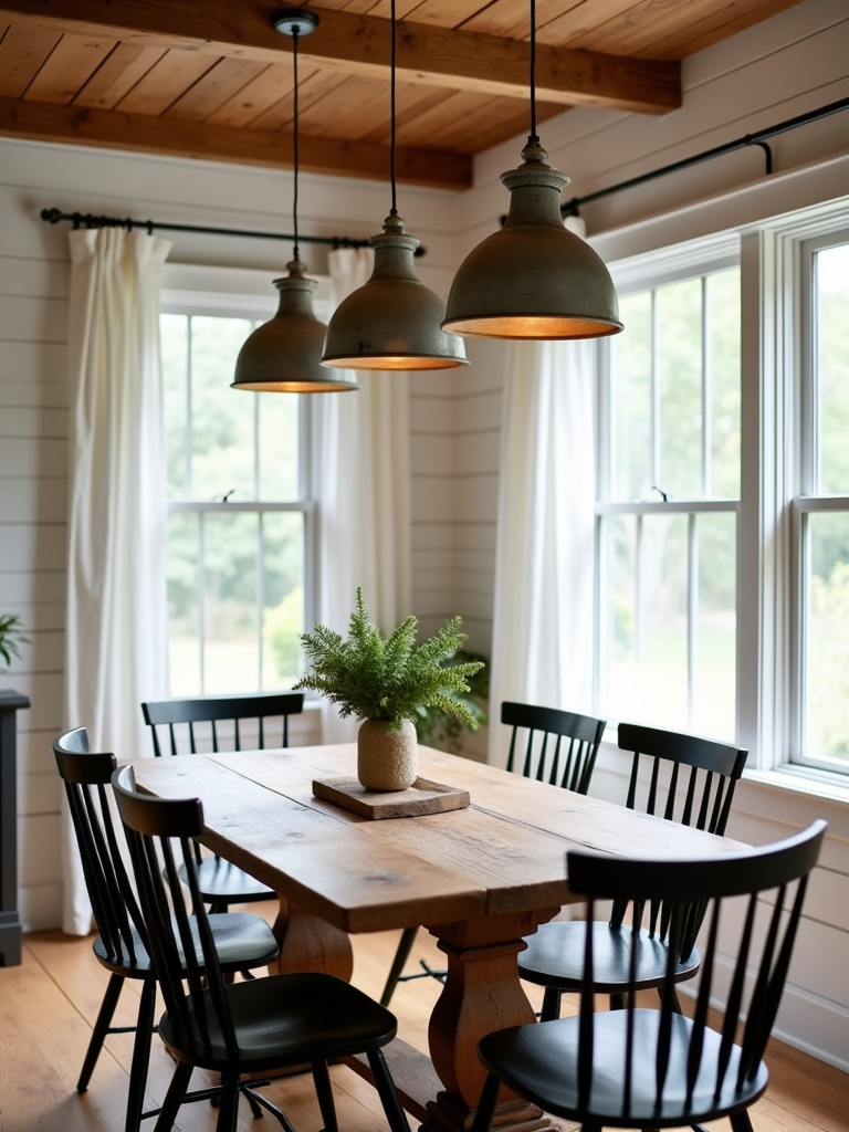 “Galvanized metal pendant lights in a farmhouse dining room with shiplap walls and a distressed wood table.”