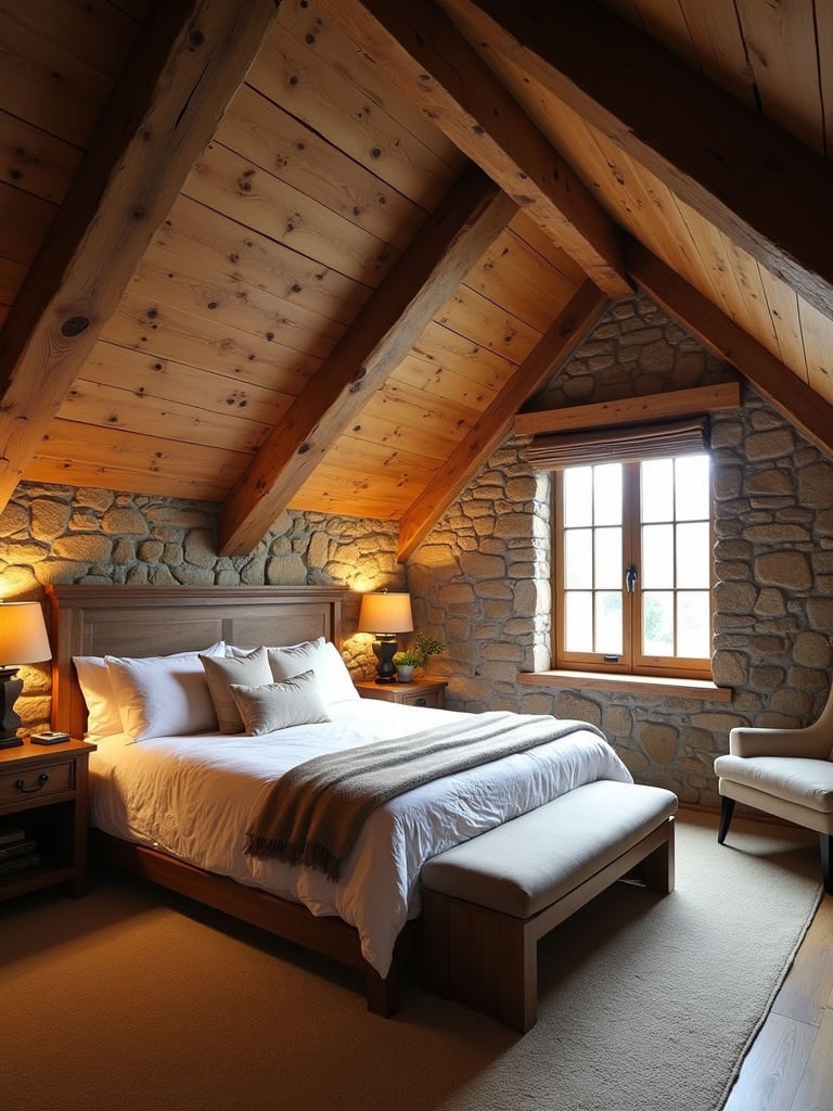 Rustic retreat attic bedroom featuring natural materials like reclaimed wood and stone accents, creating a warm and inviting atmosphere.