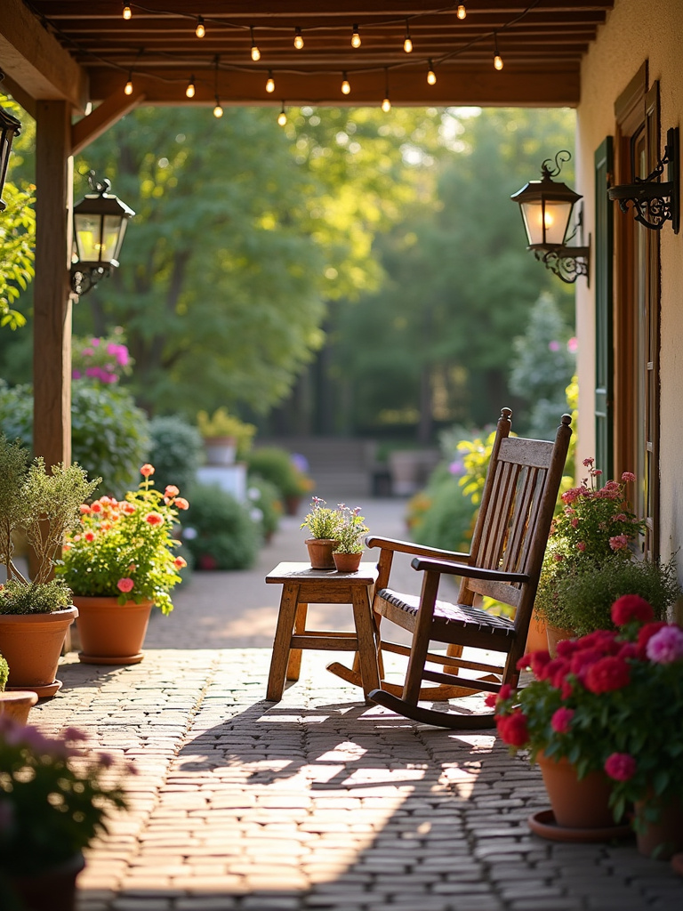 Rustic country-style patio with brick pavers, wooden rocking chairs, farmhouse furniture, and warm afternoon sunlight.