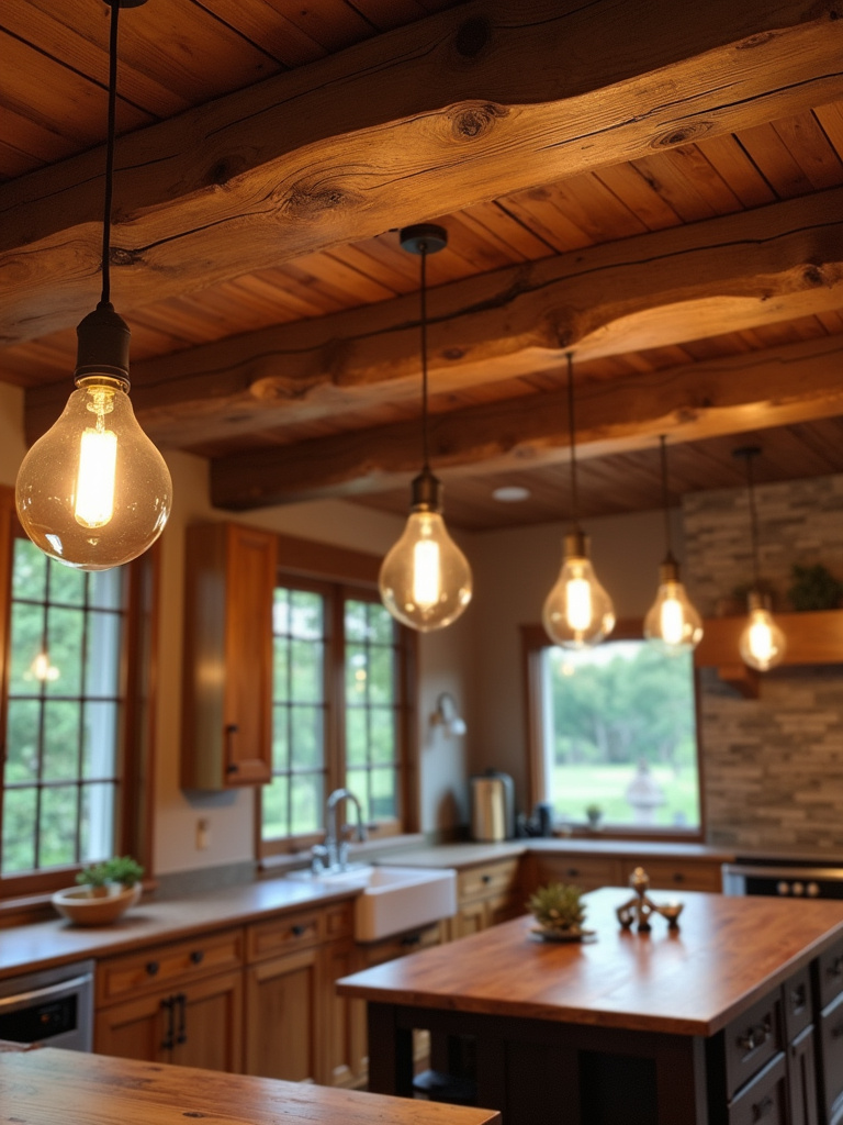 Reclaimed wood beams with Edison bulb pendant lights in a rustic farmhouse kitchen.