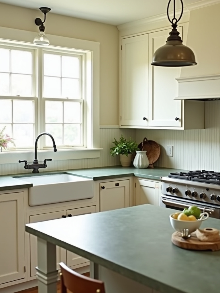 Charming cottage kitchen with sage green soapstone countertops, cream cabinets, and a beadboard backsplash, bathed in soft natural light.