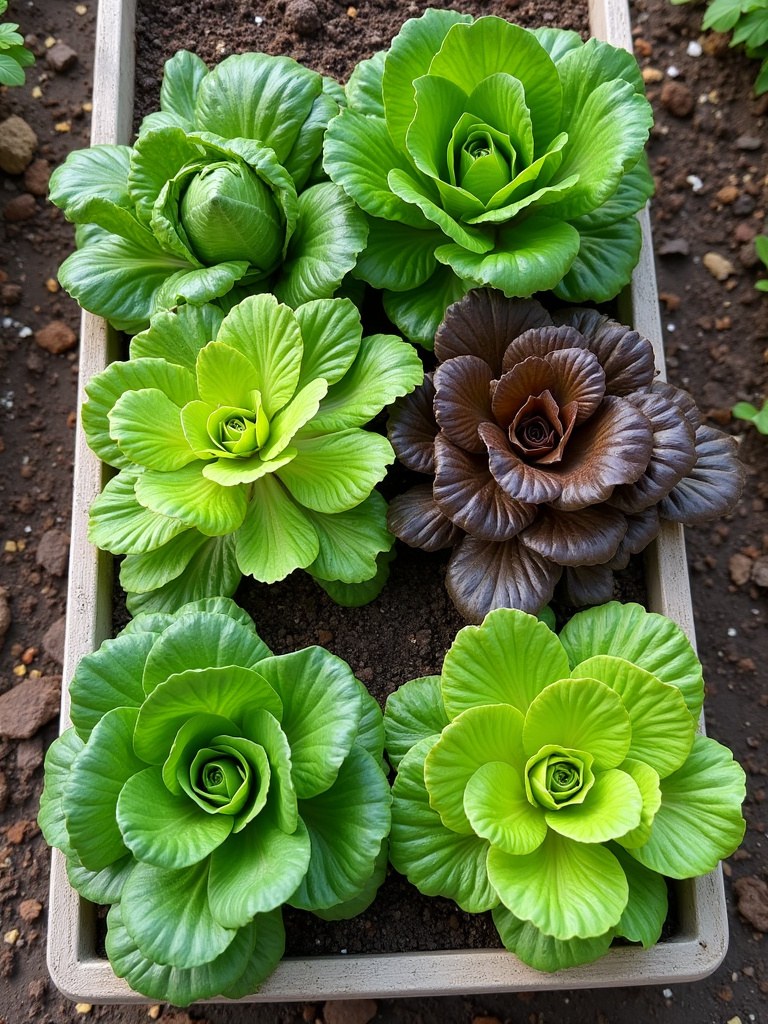 Bird’s eye view of a container filled with various types of lettuce and salad greens, demonstrating different colors, textures, and growth stages.