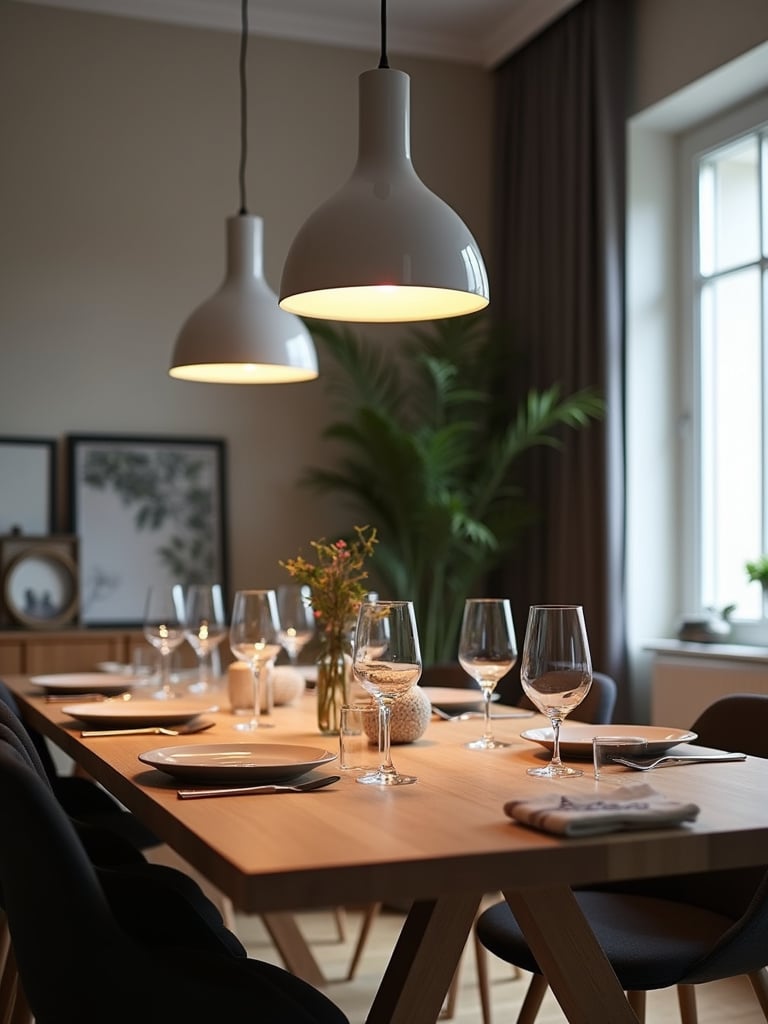 Energy-efficient and stylish LED pendant lights in a modern dining room.