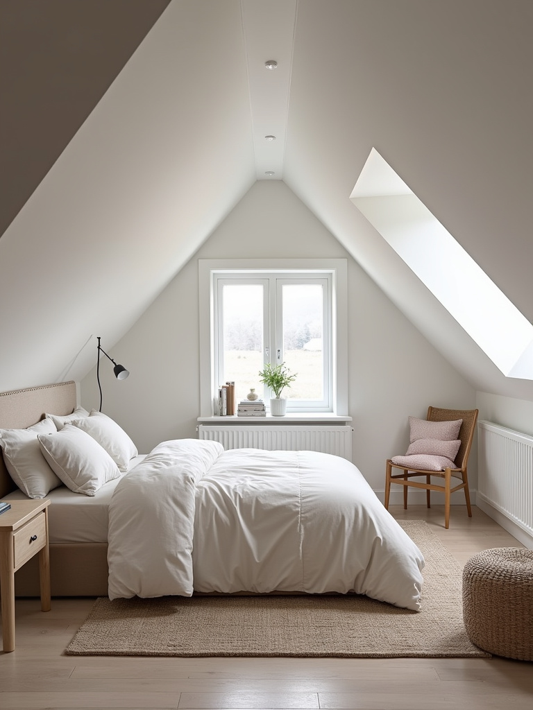Serene Scandinavian attic bedroom featuring neutral colors, minimalist furniture, and soft natural light, creating a calming and uncluttered space.