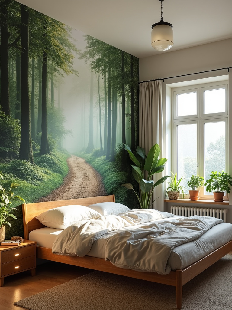 Bedroom with a scenic forest mural wallpaper, wooden bed frame, and natural light.