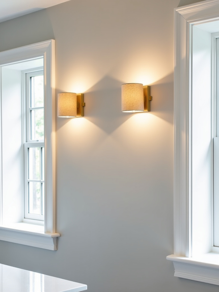 Modern brass sconces flanking a window in a light grey kitchen, providing accent lighting.