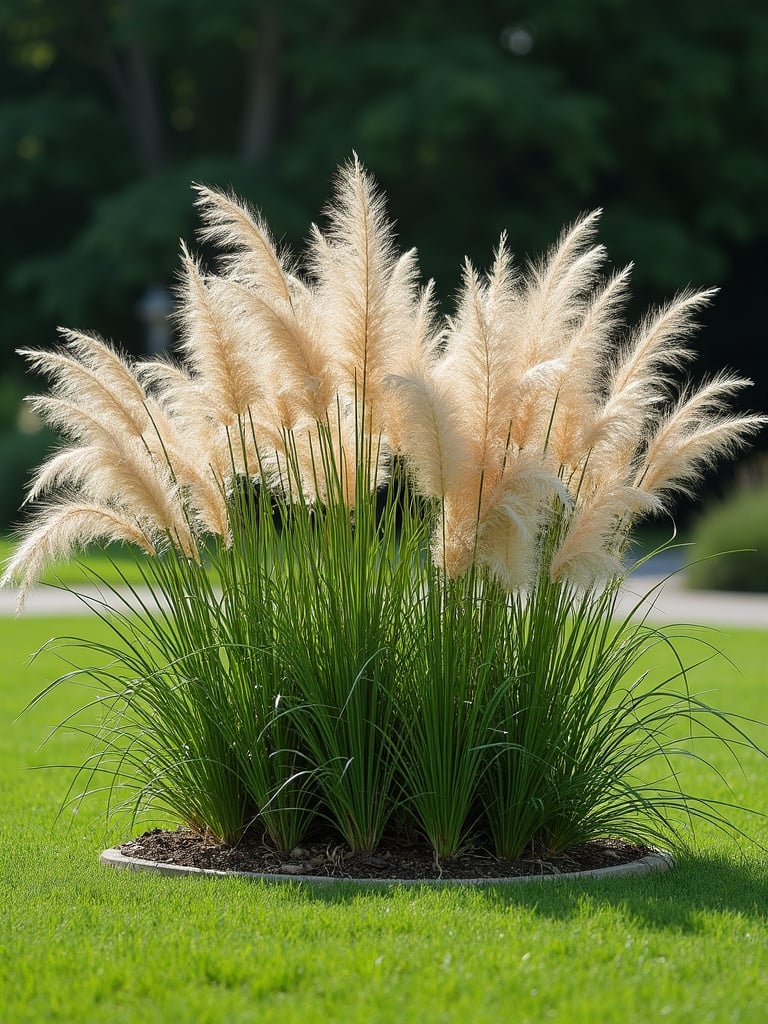 A textural grass garden feature in a lawn with various ornamental grasses swaying in the breeze.