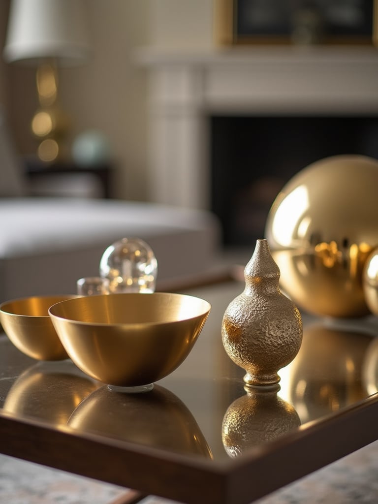 Collection of gold and silver sculptural decorative accents on a luxury living room coffee table.