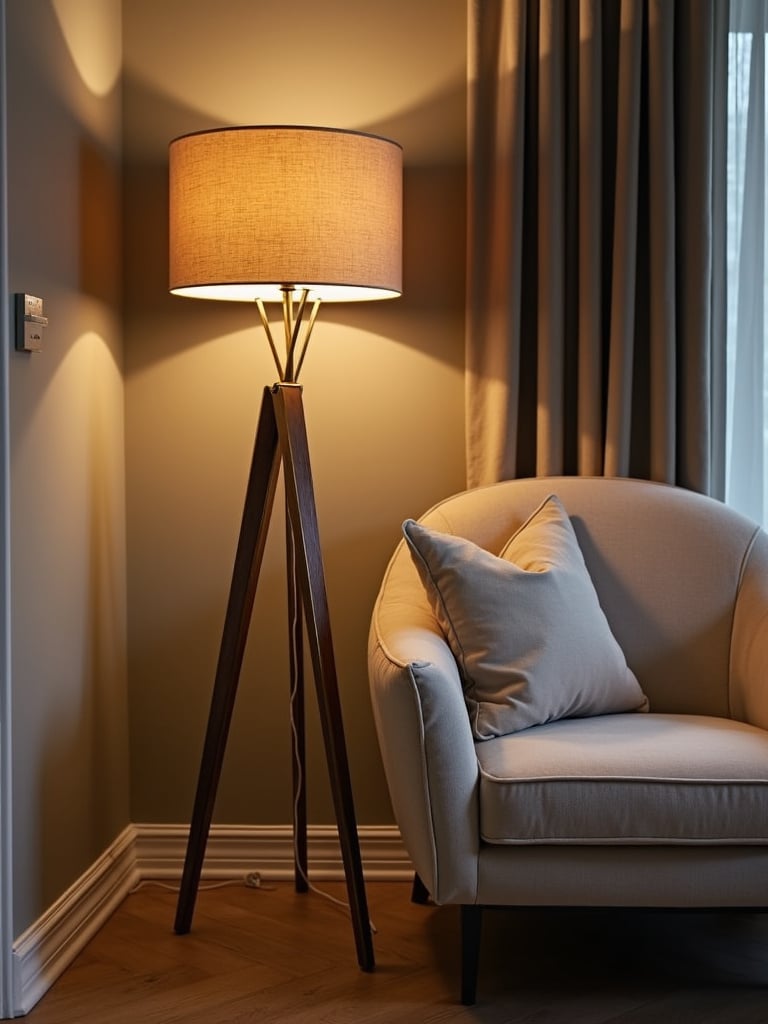 Sculptural brass tripod floor lamp next to a plush armchair in a luxury living room.