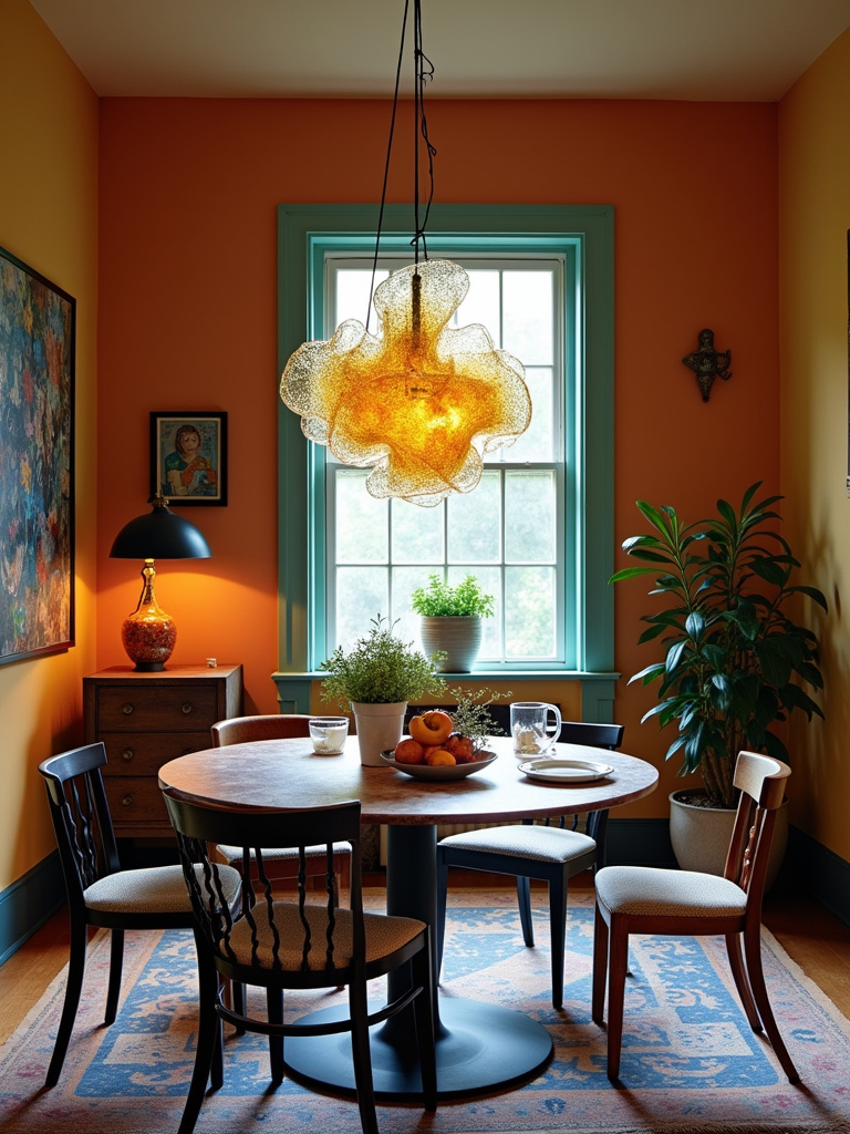 “Large, hand-blown sculptural glass pendant light in an eclectic dining room with colorful decor.”
