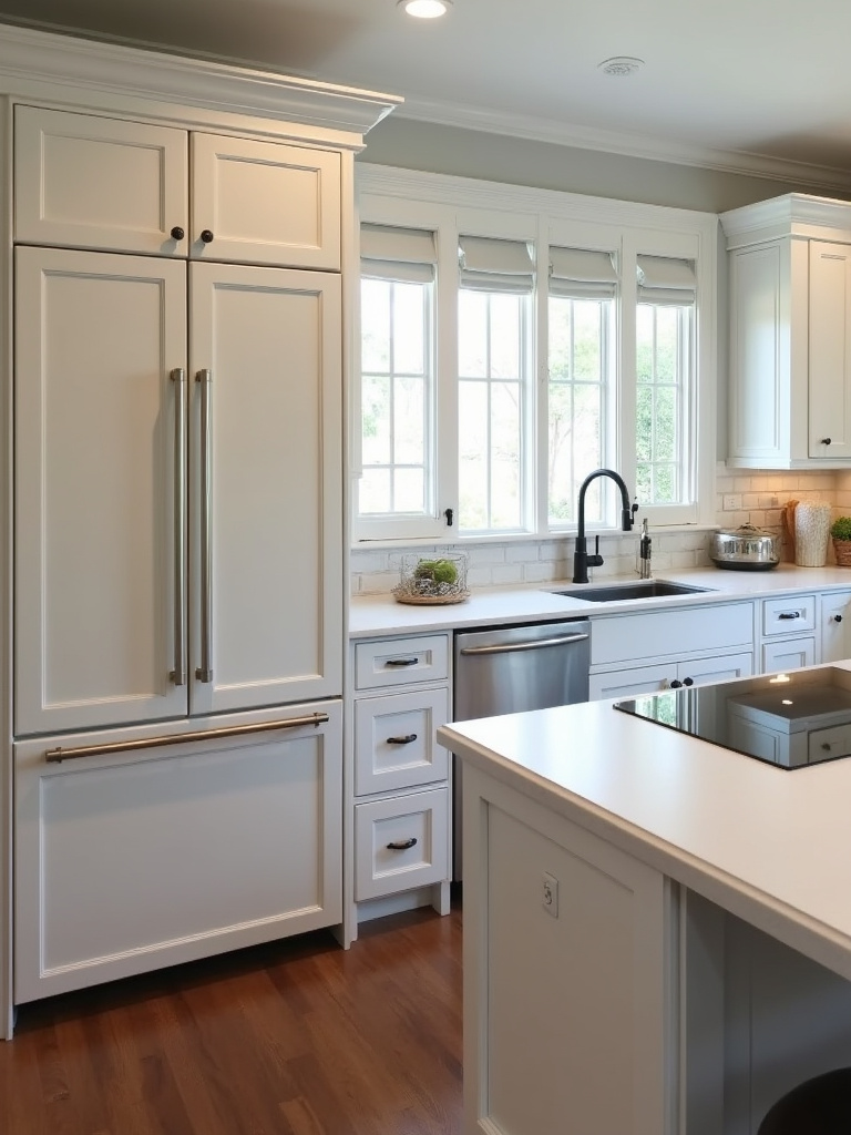Traditional kitchen with modern appliances seamlessly integrated into white paneled cabinetry.