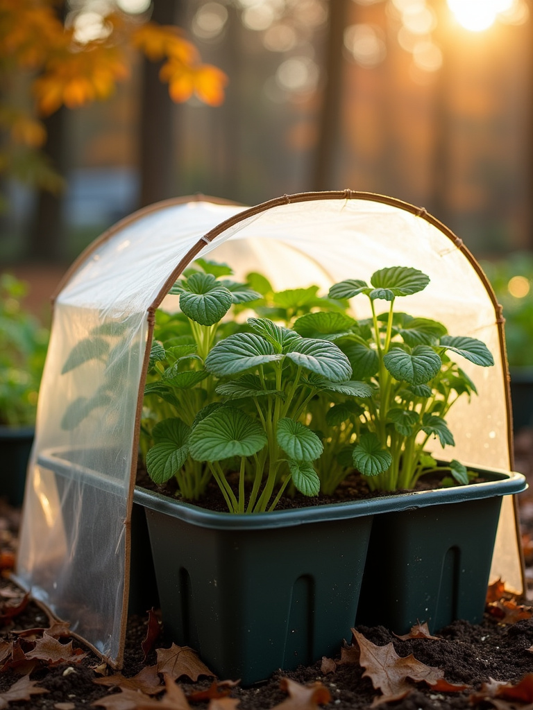 Collection of season extension techniques for container gardens including cold frames, row covers, and strategic placement against walls for temperature control.