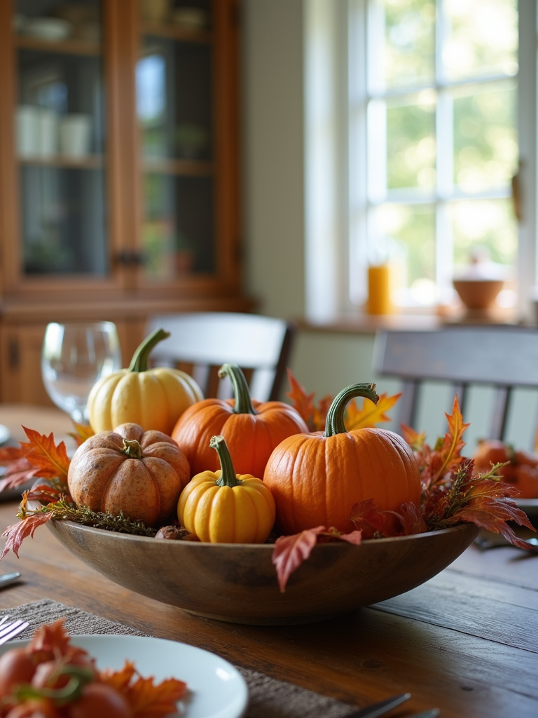 Farmhouse dining table with a vibrant seasonal centerpiece of pumpkins and fall foliage.