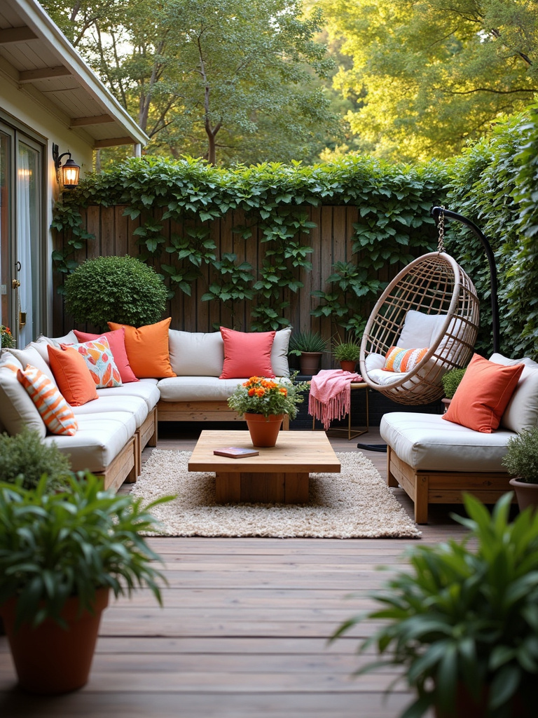 Patio with creative seating arrangements including a built-in bench, lounge chairs, hanging chair, colorful cushions, and soft morning light.