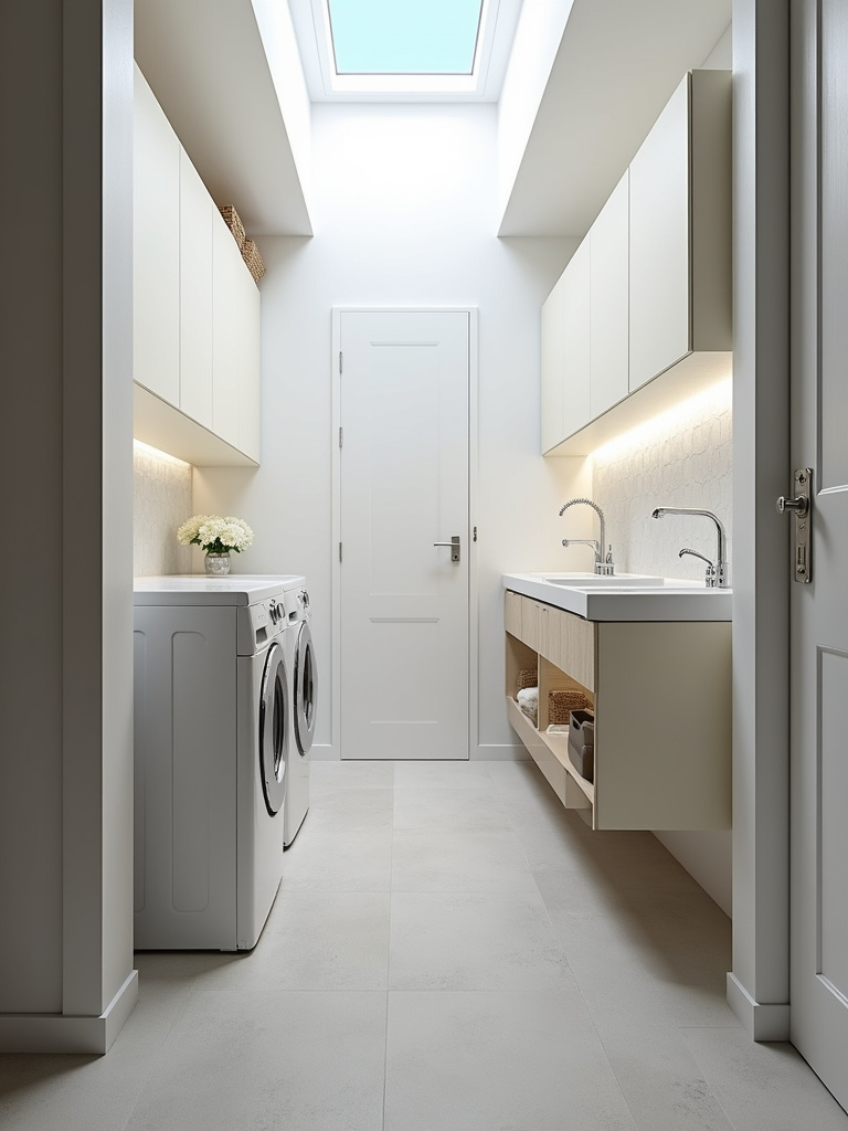 Modern minimalist laundry bathroom featuring light grey porcelain tile flooring.