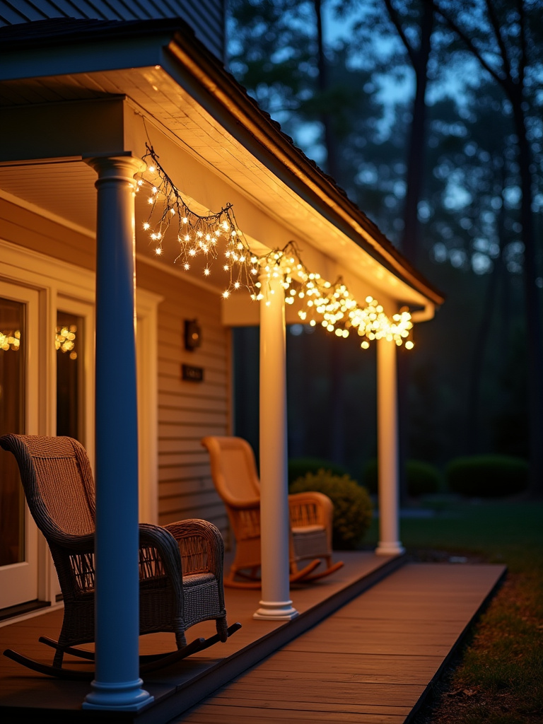 Warm white string lights softly illuminate a back porch at dusk, creating a cozy and inviting atmosphere.