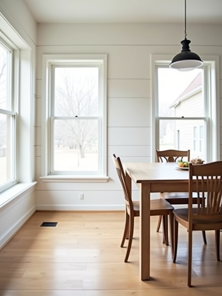 Farmhouse dining room with white shiplap walls creating a quintessential farmhouse backdrop.