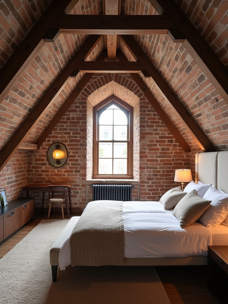 Attic bedroom showcasing architectural details such as an exposed brick wall, original beams, and a unique window shape, enhancing its character and charm.