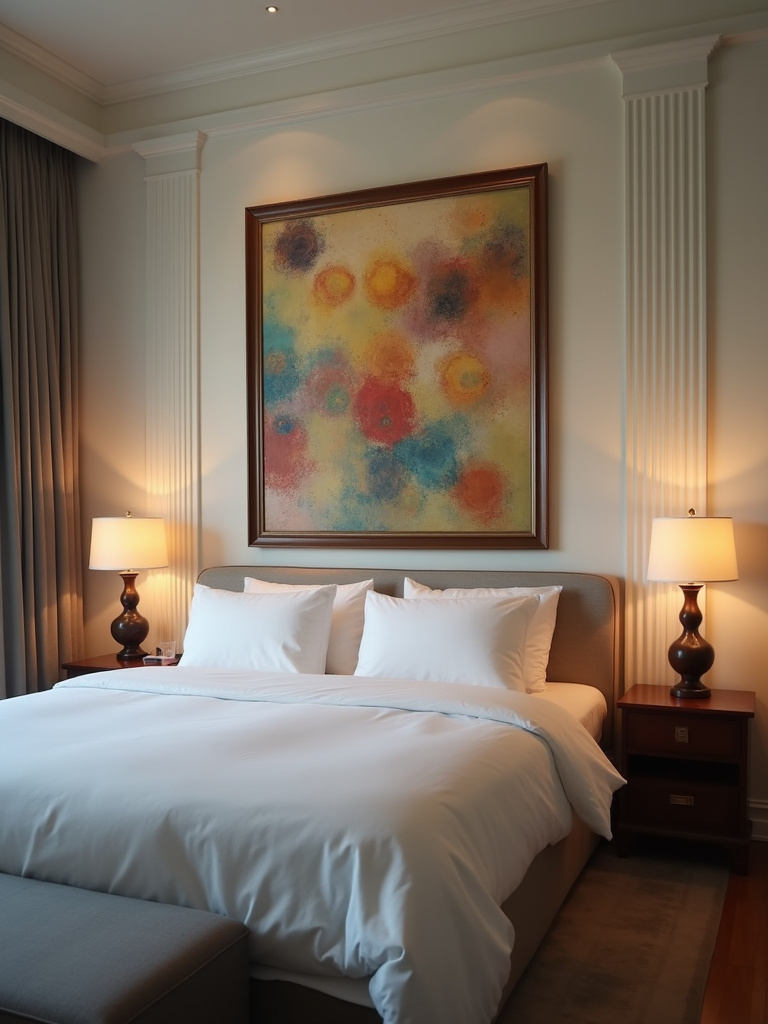 An artistic bedroom featuring a large framed abstract painting above the bed.