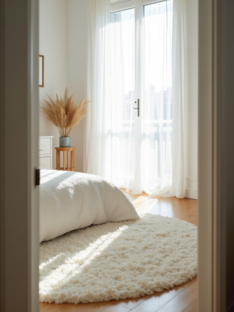 A bright bedroom with a large white shag rug creating a soft and inviting atmosphere.