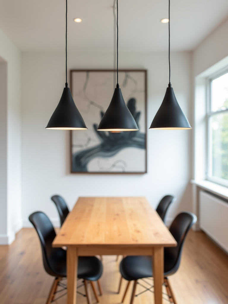 “Modern dining room with three matte black pendant lights over a light wood table.”