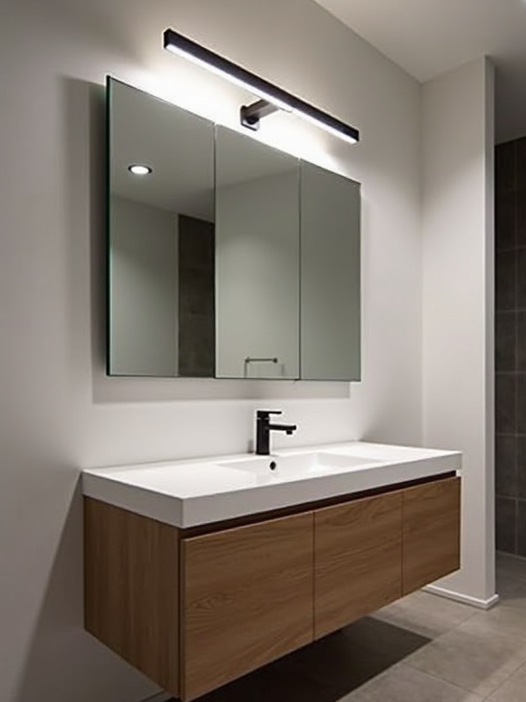 Modern bathroom vanity featuring a sleek black linear LED light bar above a frameless mirror, providing bright and even illumination.