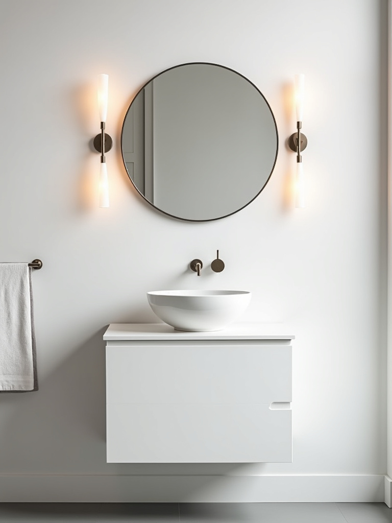 Small bathroom vanity with slim profile LED sconces, demonstrating compact lighting solutions for maximizing style in limited spaces.
