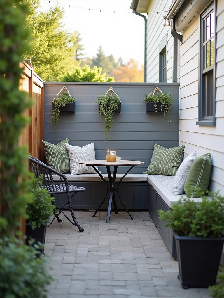 Small and stylish patio with bistro set, storage bench, wall-mounted planters, and soft morning light, designed for compact backyards.