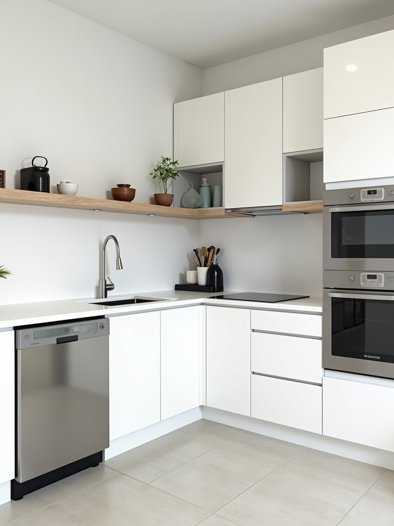 A stylish and space-efficient small white kitchen with slab-front cabinets, stainless steel appliances, and open shelving.