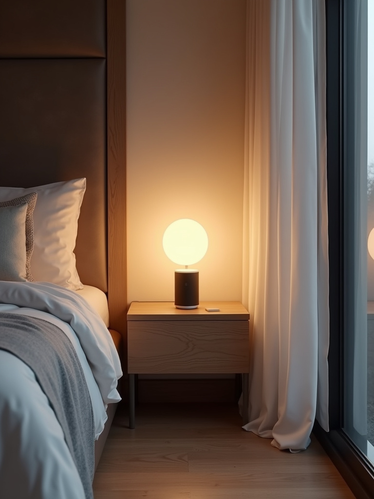 A modern bedroom with minimalist design and integrated smart technology, including a smart lamp and speaker.