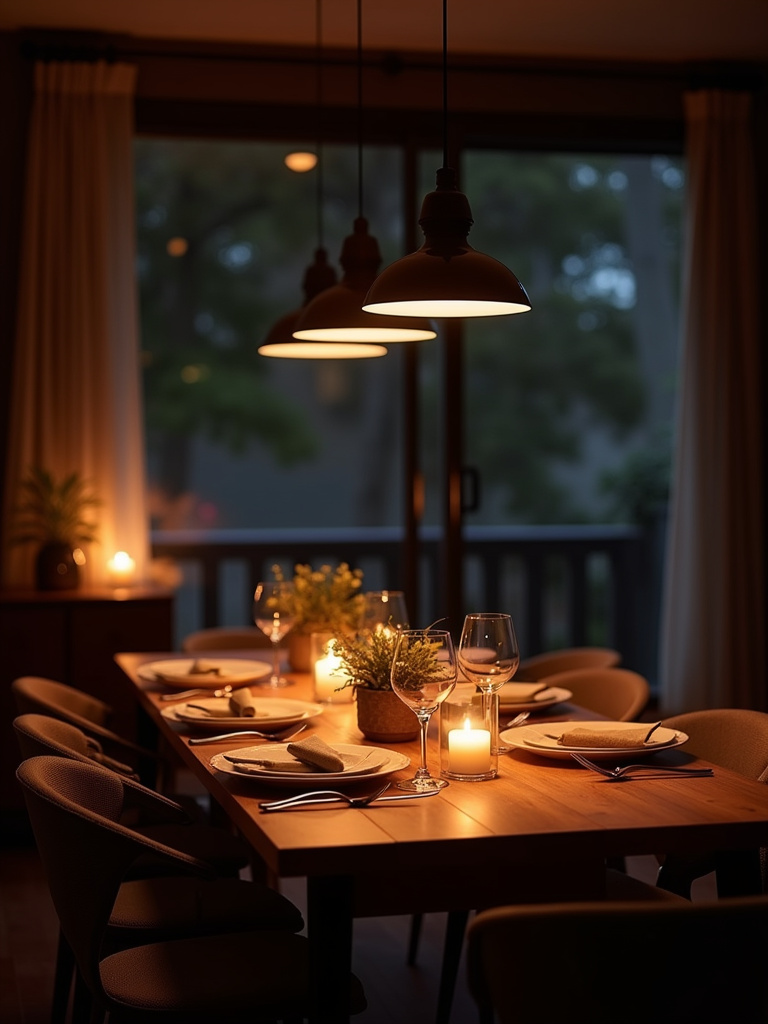 “Smart dimmable pendant lights dimmed to create a warm and intimate ambiance in a modern dining room at night.”