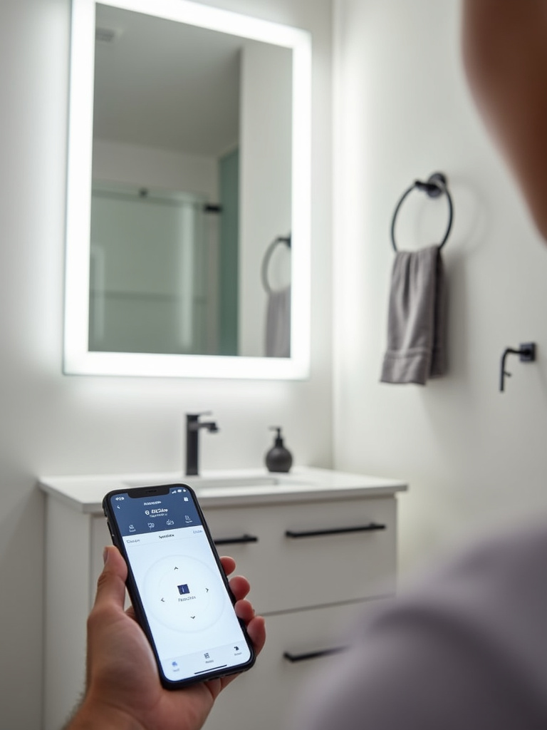 Modern bathroom vanity with smart voice-controlled LED lighting, showcasing convenient and integrated smart home technology.