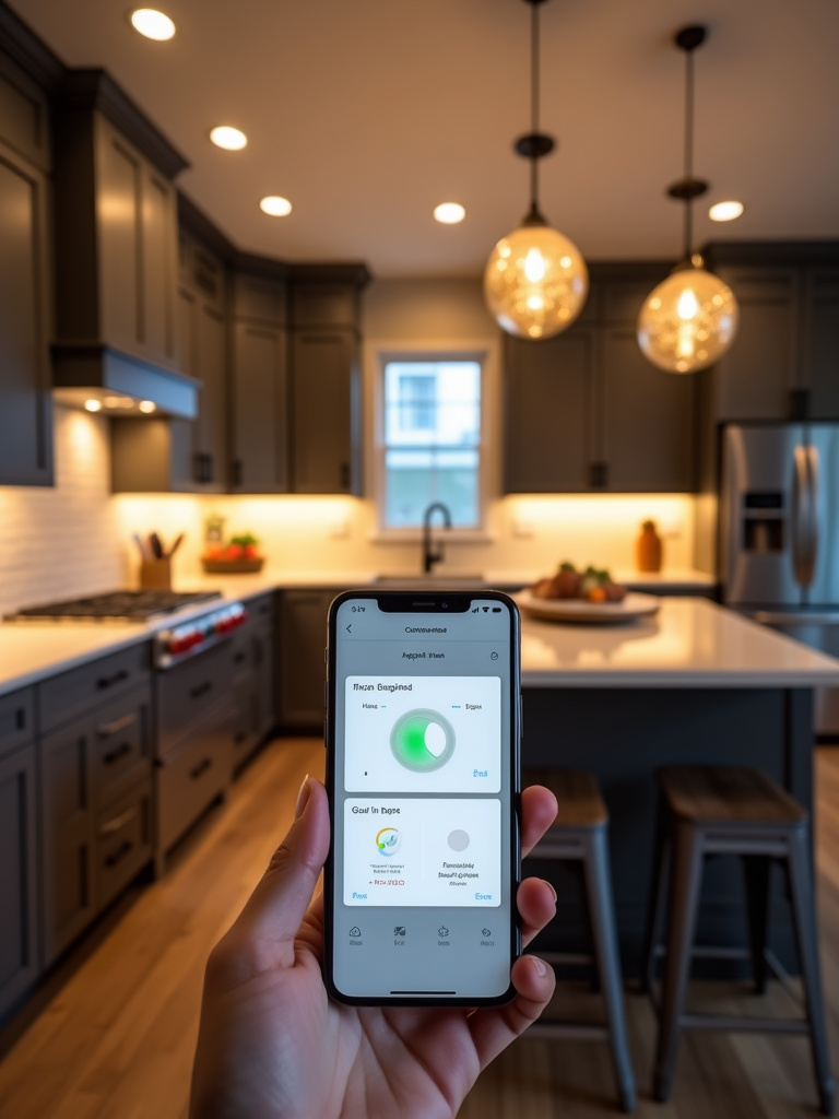 Smart lighting system controlling warm ambient lighting in a modern kitchen, shown on a smartphone screen.