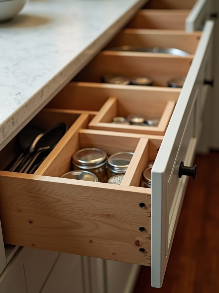 Open drawers of traditional kitchen cabinets showcasing smart storage solutions like drawer dividers and organizers.