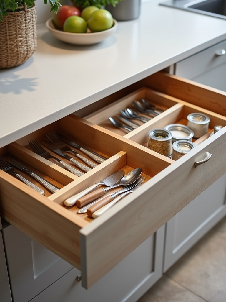 Open kitchen drawer with smart storage solutions including custom utensil dividers and spice containers.