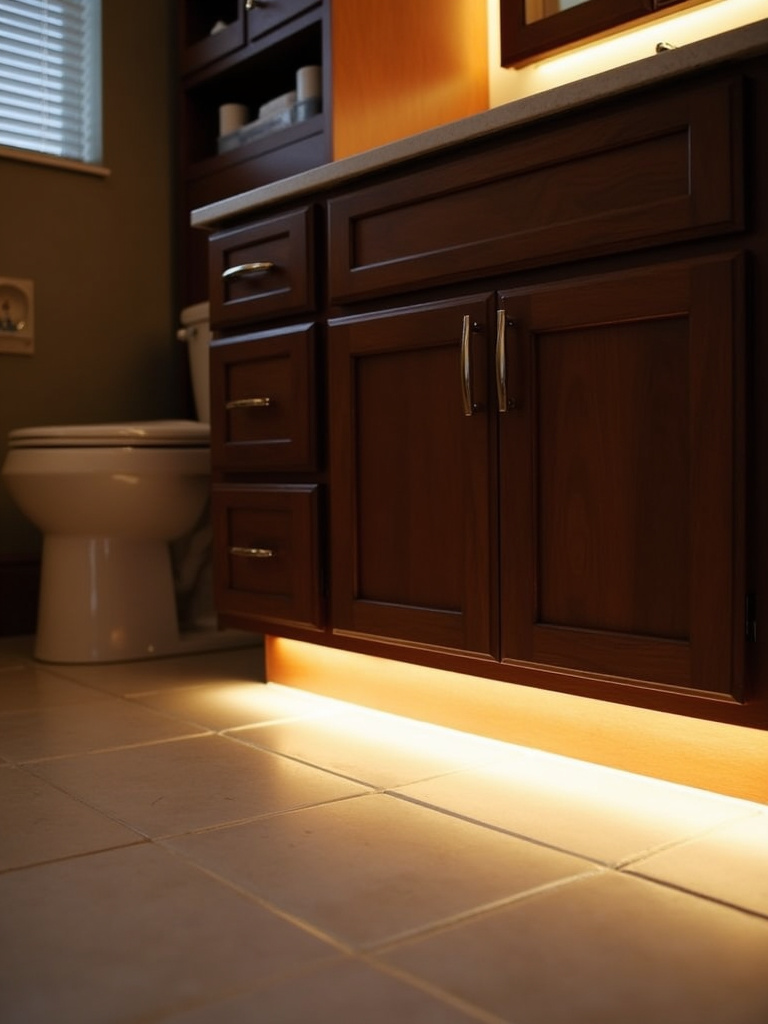Bathroom vanity with soft LED under-cabinet lighting, creating a warm ambient glow and adding depth to the space.