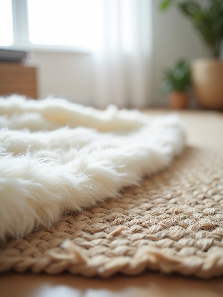 Soft cream-colored wool throw rug layered over a jute rug, adding texture and warmth to a minimalist living room floor.