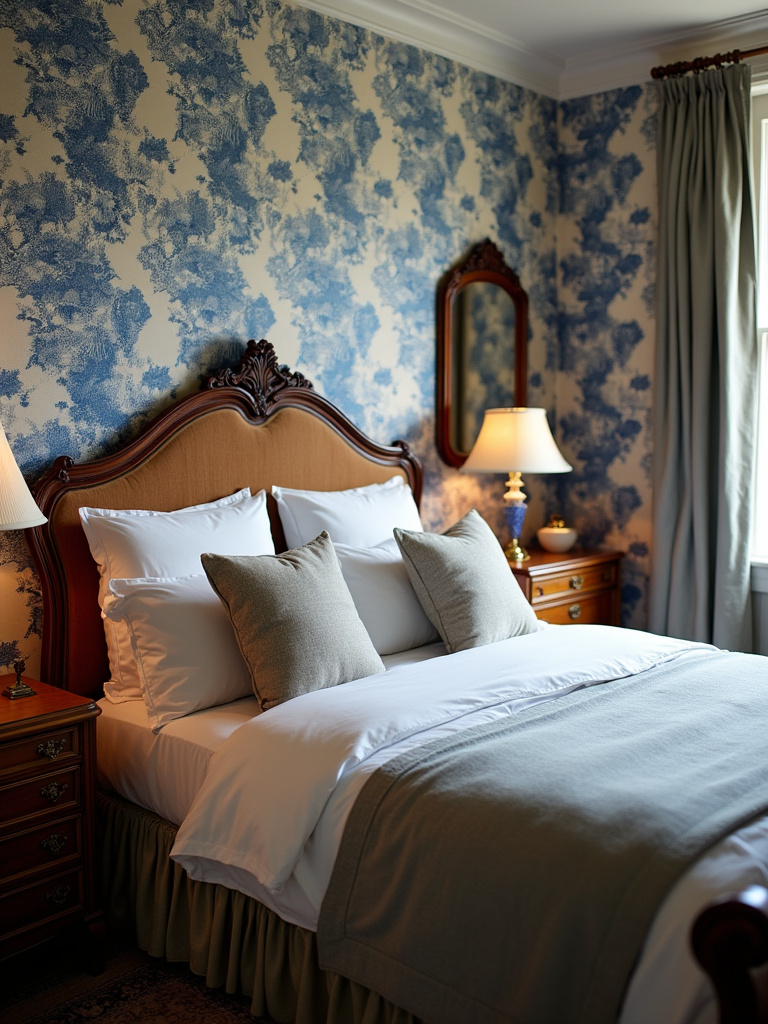 Classic bedroom with blue and white toile wallpaper, antique-style furniture, and soft lighting.